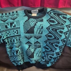 Vintage Coogi Style Men's Crewneck Sweater - Teal and Black